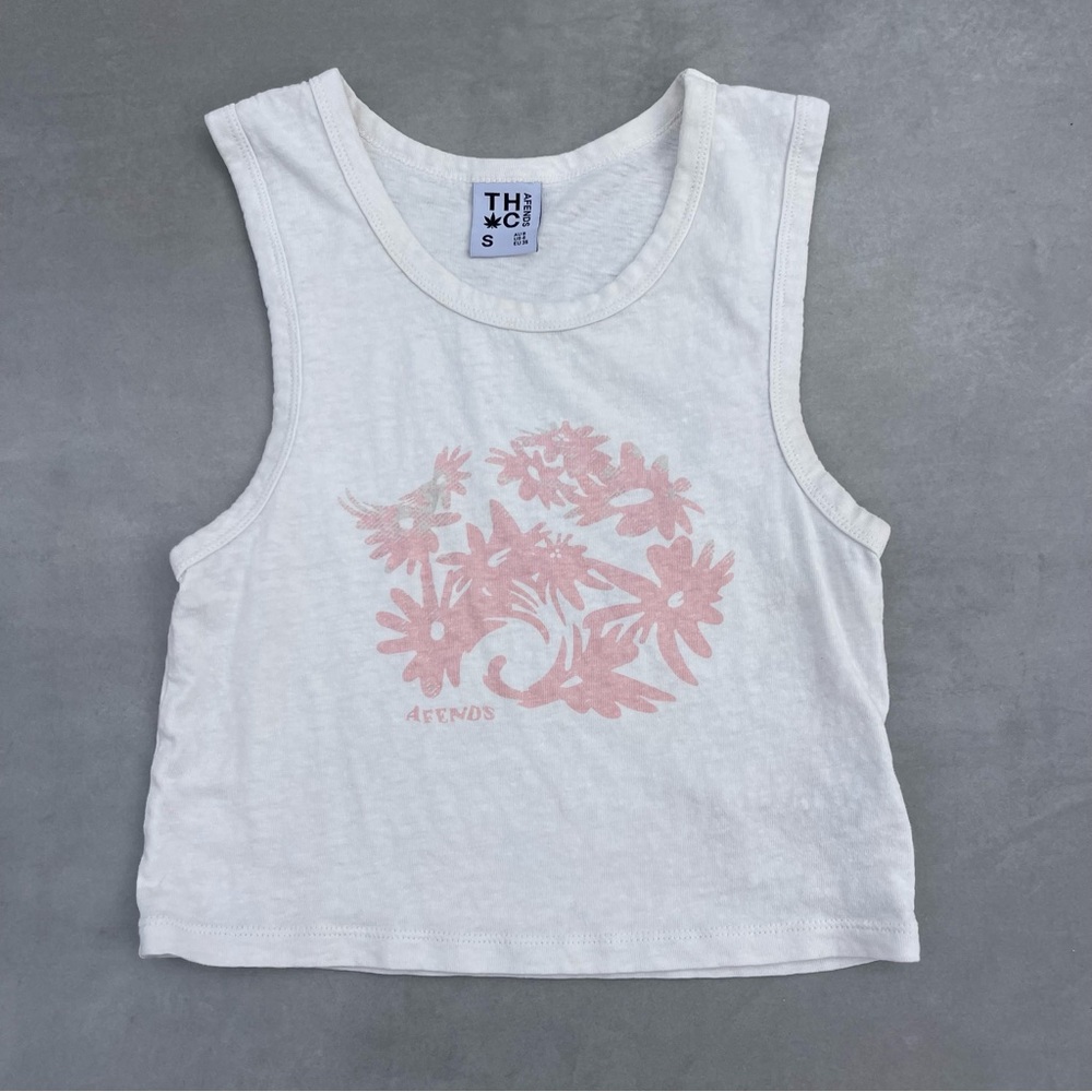 Afends White Crop Tank Top with Pink Floral Print Hemp and Cotton